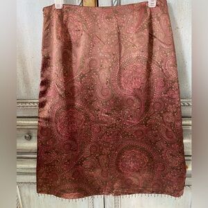 Anne Taylor LOFT Brown, Green & Pink Silk Skirt with Bead Fringe Along Hemline.